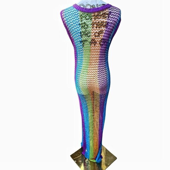 Festival Metallic Shimmer Rainbow Mesh Maxi Dress Coverup Size S/M EUC - Picture 5 of 6